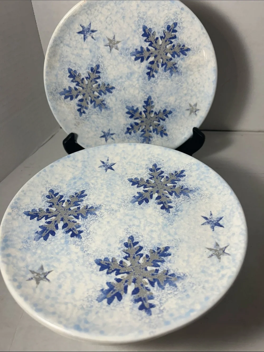 Winter Snowflake Dinner Plates in Blue and Silver - Set of 6 Made in Italy